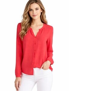 Lands’ End Top Coral Red Split V-Neck Top Blouse 2 Chic Office Elegant Feminine